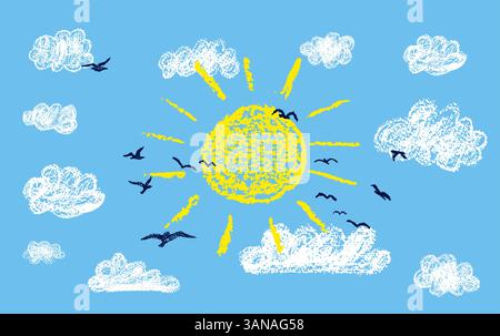 Bright sun with rays. Sunny blue sky and silhouette of a flock of birds. Colorful wax pencil kids drawing cloudy landscape. Vector naive and funny Stock Vector
