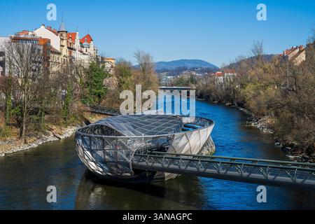 Murinsel artificial floating island on river Mur, Graz, Styria, Austria Stock Photo