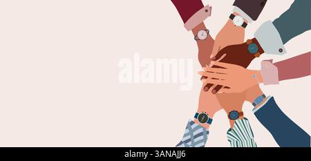 Top View of Diverse Hands Stacked in a Circle. Multicultural Teamwork and Startup Collaboration Stock Vector
