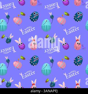 Seamless pattern with 3D elements featuring anthropomorphic happy family Easter egg. Babies and parents. Babies with bunny ears on a purple background Stock Vector