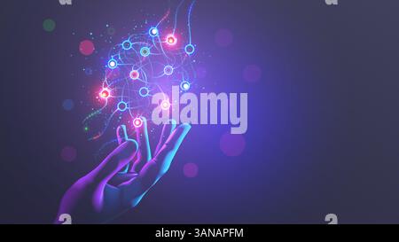 Neural network scheme above scientist hand. Artificial neural networks, ANN. Abstract simple graphics scheme of neural machine mind with AI. Artificia Stock Vector