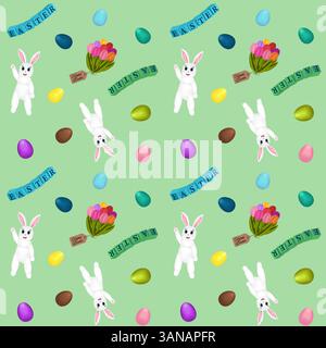 Seamless pattern with 3D elements featuring anthropomorphic Easter bunnies, multicolored Easter eggs, and cubes Easter inscription on a mint backgroun Stock Vector