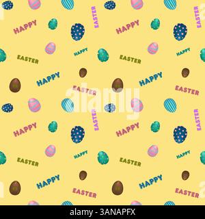 Seamless pattern with 3D elements featuring ornate Easter eggs and Happy Easter inscription on a yellow background. Perfect for festive design, wrappi Stock Vector