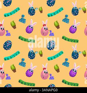 Seamless pattern with 3D elements featuring anthropomorphic smiling toddler Easter egg with bunny ears and cactus, and Cubes with Easter inscription o Stock Vector