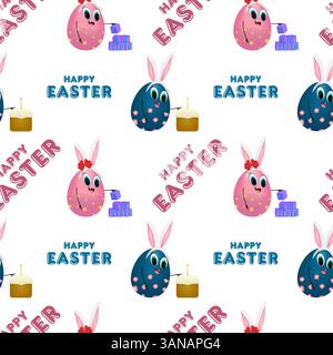 Seamless pattern with 3D elements featuring anthropomorphic baby egg with Easter bunny ears, festive Easter cake, and Happy Easter inscription. Perfec Stock Vector