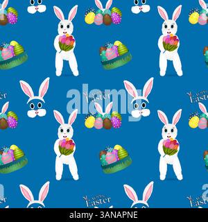 Seamless pattern with with 3D elements featuring an anthropomorphic Easter Bunny with a bouquet of tulips in his hands, white rabbit face, and colorfu Stock Vector