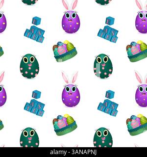 Seamless pattern with 3D elements featuring anthropomorphic toddler Easter egg with Easter bunny ears, decorated eggs, colorful baskets with grass, an Stock Vector