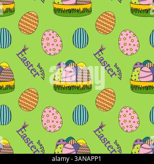 Bright seamless pattern featuring cartoon and flat decorated Easter eggs and baskets with grass on a green background. Perfect for festive design, wra Stock Vector
