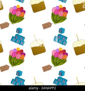 Festive seamless pattern with 3D elements featuring bouquet of tulips, an Easter cake with candles and flames, and decorative elements on a white back Stock Vector