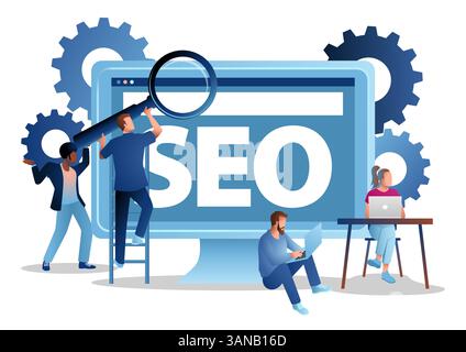 Teamwork in SEO strategy concept, SEO text on big computer screen, gears, and magnifying glass. Digital marketing and website ranking concept Stock Vector