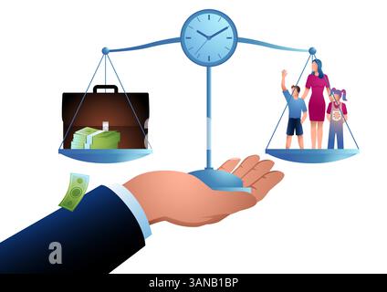 Work-life balance concept. A scale weighs money and work against family, symbolizing time management and life priorities. Stock Vector