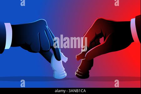 Illustrating the art of strategy, this image features two hands moving knight chess pieces, symbolizing competitive decision-making in business Stock Vector