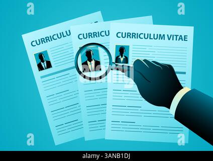 Hand holding a magnifying glass over multiple curriculum vitae (CV) documents. Represents job search, recruitment, candidate selection, HR management Stock Vector