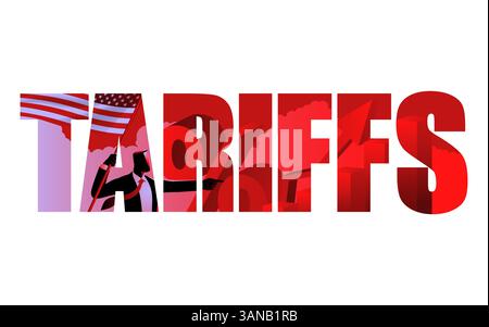 Text-masking of the word TARIFFS. Inside the text, a businessman holding the American flag, rising bar graphs and a percentage symbol, representing ec Stock Vector
