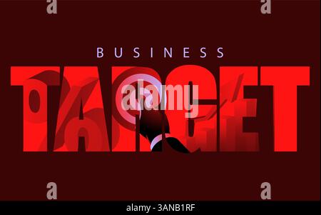 The word TARGET with a silhouette of a businessman pointing at a bullseye inside the text. Symbolizes focus, success, and strategic achievement Stock Vector