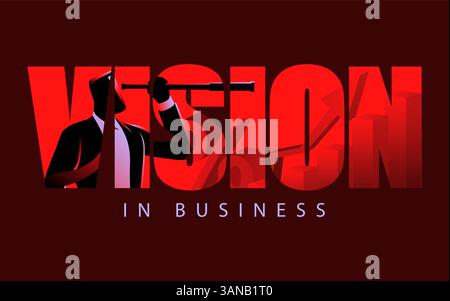 The word VISION integrated with a silhouette of a businessman looking through a telescope. Represents strategic planning, leadership, and foresight Stock Vector