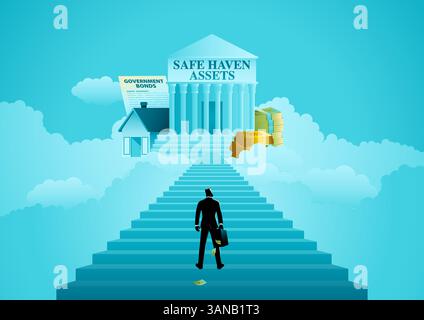 Investor with a briefcase full of money considering moving his investments to safe haven assets. Concept of financial security and smart investment. Stock Vector