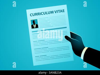 Illustration of a businessman’s hand holding a curriculum vitae document. Represents job application, hiring process, recruitment, professional resume Stock Vector