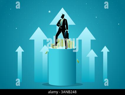 Confident businessman standing on a podium with briefcase and stacks of money, surrounded by upward arrows. Themes for career advancement, investment, Stock Vector