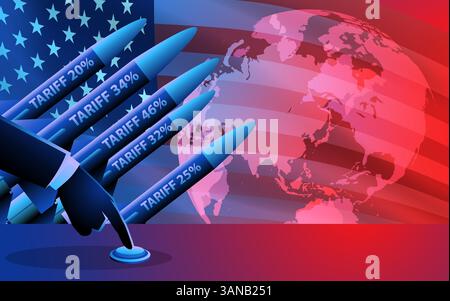Political hand pressing a button to launch tariff missiles labeled with percentage rates with U.S. flag and world map, trade war, protectionism Stock Vector