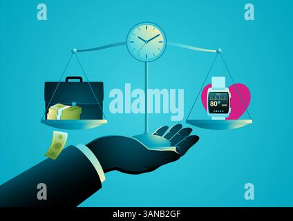 Work-life balance concept. A hand holds a scale weighing money and work against health and time. Stock Vector