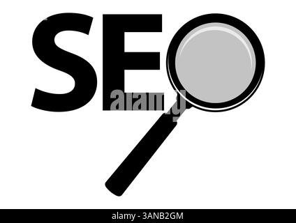Minimalist black and white SEO logo design with a magnifying glass integrated into the text. Represents search engine optimization, digital marketing Stock Vector