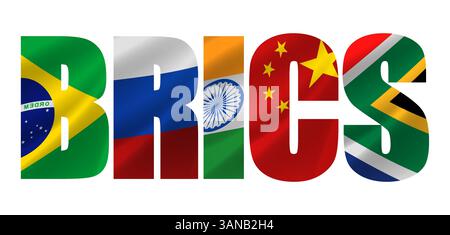 BRICS typography with flags of Brazil, Russia, India, China, and South Africa, symbolizing global cooperation and economic alliance Stock Vector