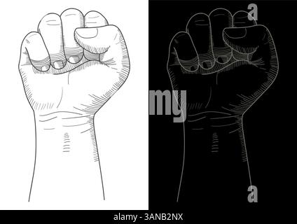 Sketch of a raised clenched fist in both black on white and white on black versions. Symbolizing strength, resistance, empowerment, protests, revoluti Stock Vector