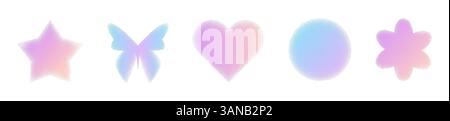 Grainy pastel gradient shapes set isolated on white background. Vector realistic illustration of pink and blue holographic heart, flower, star, butterfly, round figures with noise texture, y2k icons Stock Vector