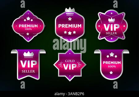 Premium ribbon seals and labels in pink and silver metal colors. Elegant badges with crown and star decorations. Luxury shapes for exclusive promotional offers and product quality highlights. Stock Vector