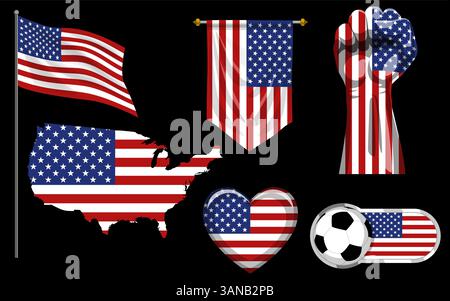 Set of American flag-themed icons, a waving flag, a patriotic clenched fist, a heart, a soccer ball, a banner, and a country map. For nationalism, spo Stock Vector