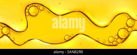 Flowing glossy yellow oil liquid texture with bubbles and wavy shapes, curved lines. Abstract vector background - banner or header design element with smooth vivid golden fluid surface, dynamic drops. Stock Vector