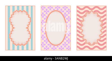 Groovy wavy borders frames collection - striped geometric oval shapes filled with patterns in pastel colors. Retro funky elements set with curved edges. 1960s psychedelic hippie ornamental graphics. Stock Vector