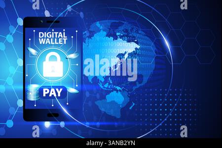 Digital wallet on smartphone with secure payment icon and tech background. Ideal for fintech, e-commerce, and cybersecurity Stock Vector