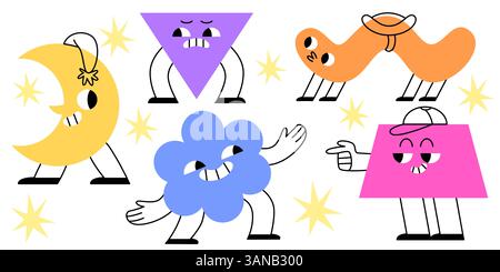 Geometric shape mascots set isolated on white background. Flat vector illustration of cute triangle, moon, flower, trapezium, line characters with smiling faces, legs and arms, early education symbols Stock Vector