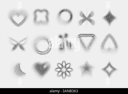 Black dotted y2k shape icons collection - heart, square and circle, flower and star, butterfly and geometric symbols with stipple noise effect. Grungy design elements made of scattered points. Stock Vector