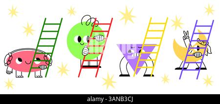 Cute geometric mascots set isolated on white background. Flat vector illustration of sad triangle, happy oval, circle, moon characters climbing ladder, early education symbols set, preschool stickers Stock Vector