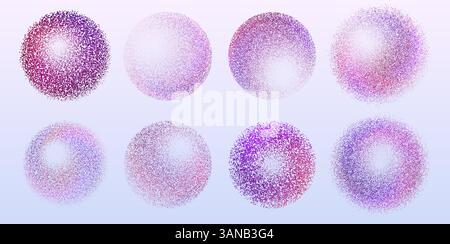 Colorful dotted spheres set - pink and purple particles arranged in circle shapes. Detailed grainy texture, smooth gradients. Stipple shading dotwork technique with realistic 3D lighting effect. Stock Vector
