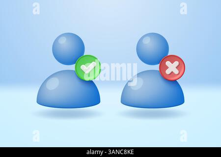 User icons with green check mark and red cross. Approved and rejected password of user profile name. Vector 3d illustration. Stock Vector