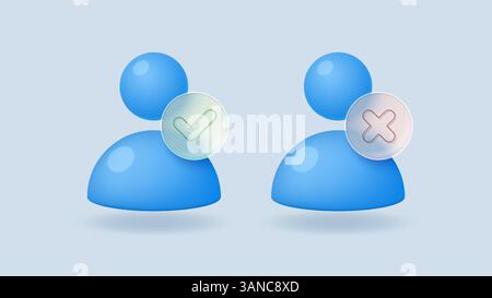 User icons with green check mark and red cross in transparent matte glass morphism style. Approved and rejected user profile name password. Vector 3d Stock Vector