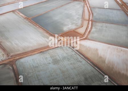 Aerial view of colorful salt evaporation ponds with geometric patterns and reflections, Useless Loop, Australia. Stock Photo