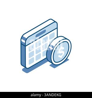 isometric vector calendar and coin linear icon with dollar icon, in color on white background, pay date or regular bill payment Stock Vector