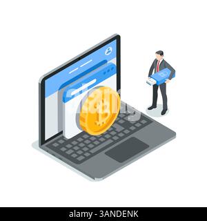 isometric vector business man with a flash drive stands near a laptop on the screen of which there is a large bitcoin coin, in color on a white backgr Stock Vector