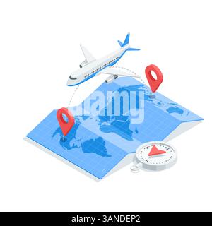isometric vector passenger plane flying from one location to another over a world map, in color on a white background, air travel or long haul flights Stock Vector