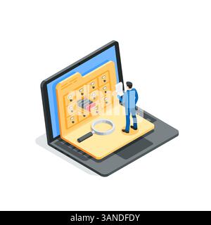 isometric vector business man reading a document from an archive in a folder on a laptop screen, in color on a white background, archive folder or dig Stock Vector