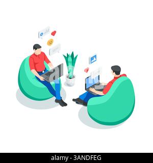 isometric vector man with a laptop sitting in a beanbag chair, in color on a white background, working in a comfortable environment remotely or intern Stock Vector