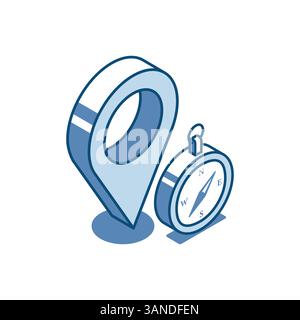 isometric vector compass and location linear icon, in color on a white background, the right direction or finding a location Stock Vector
