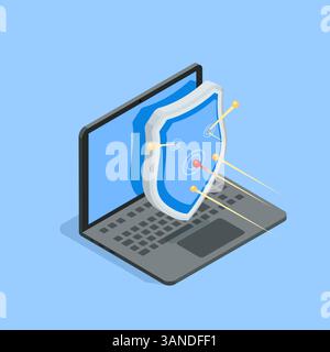 isometric vector shield in front of a laptop repelling threat, in color on a blue background, antivirus or firewall Stock Vector