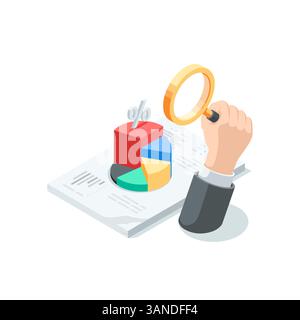 isometric vector male hand raised up holding a magnifying glass and chart on papers, in color on a white background, analytics and verification or dat Stock Vector