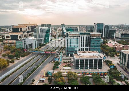 Gurugram, India - 17 April 2020: Aerial view of Gurugram financial district with tall building in Haryana state during lockdown. india. Stock Photo